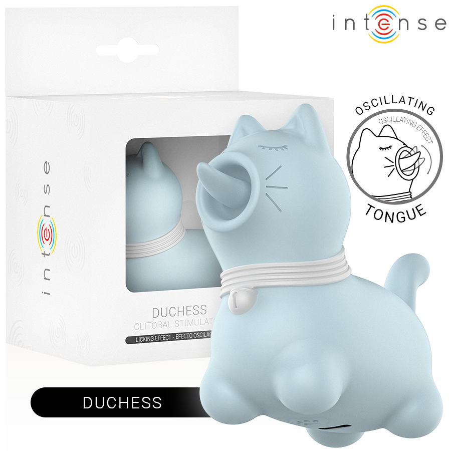 Stimolatore Duchess INTENSE FUN con lingua rotante a 360° di colore blu, design ergonomico e dettagli realistici.
