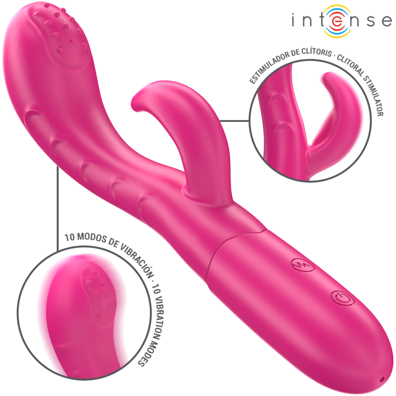 Vibratore INTENSE Amara con lingua stimolante e 10 vibrazioni, colore rosa, dettagli del prodotto e design ergonomico.
