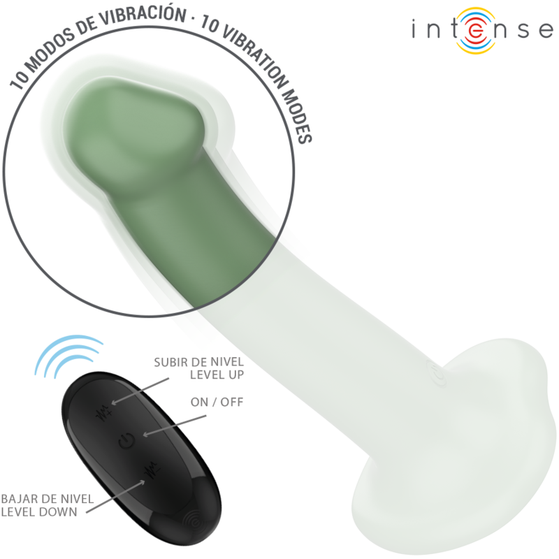 Vibratore Becca con ventosa verde di INTENSE FUN, telecomando e 10 modalità di vibrazione in immagine.