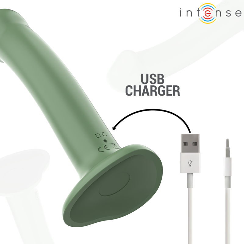 Vibratore Becca con ventosa e telecomando verde, prodotto INTENSE FUN, mostra la superficie liscia e il design ergonomico.