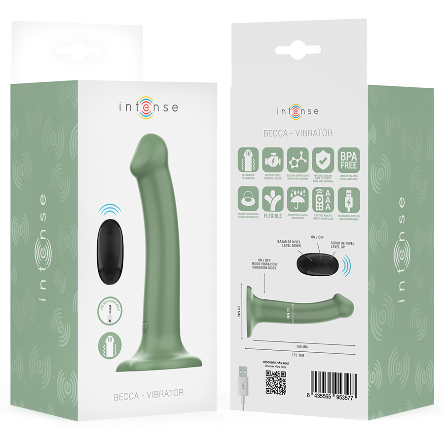 Vibratore Becca con ventosa INTENSE FUN, verde, con telecomando e 10 modalità di vibrazione, visibile in primo piano.