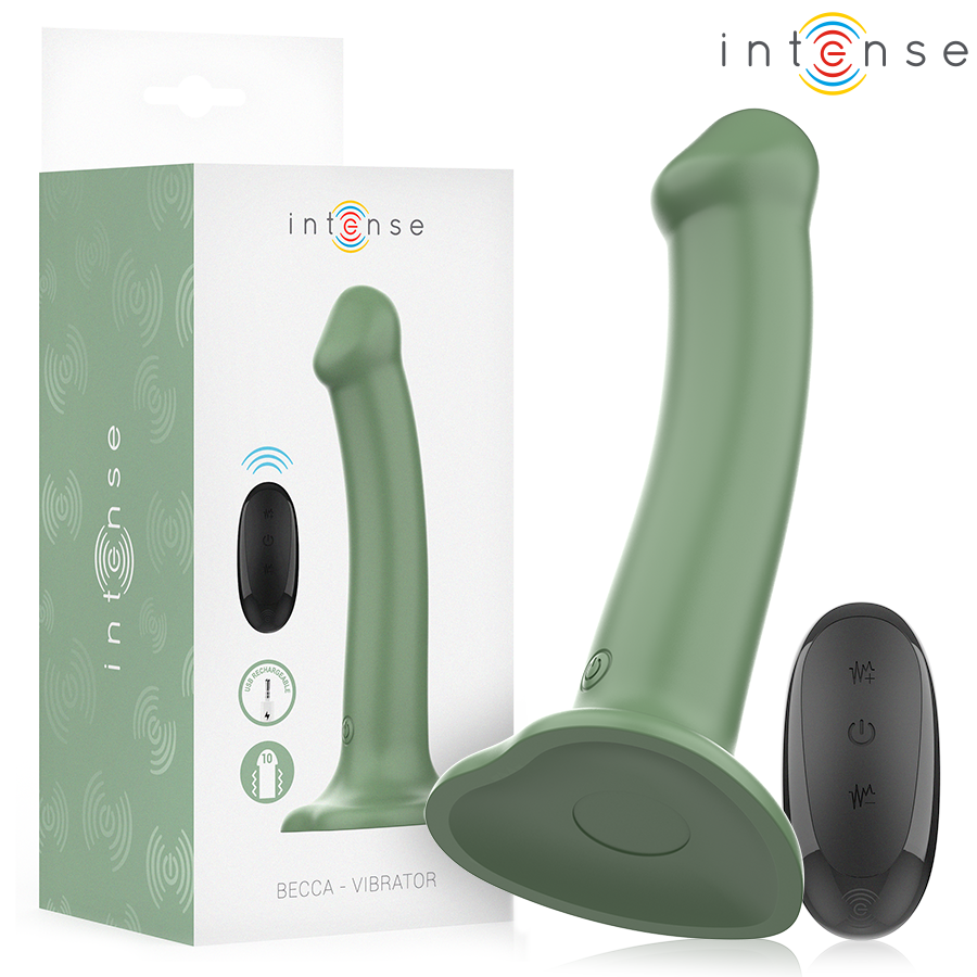 Vibratore Becca con ventosa verde di INTENSE FUN, 10 vibrazioni, telecomando, design ergonomico e stabile.