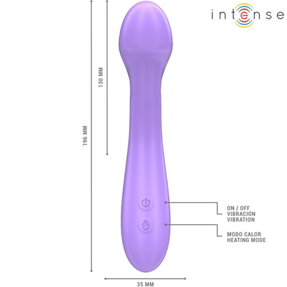 Vibratore Becky INTENSE FUN, 19 cm, riscaldabile, con 7 vibrazioni, colore viola, dettaglio del prodotto in silicone.