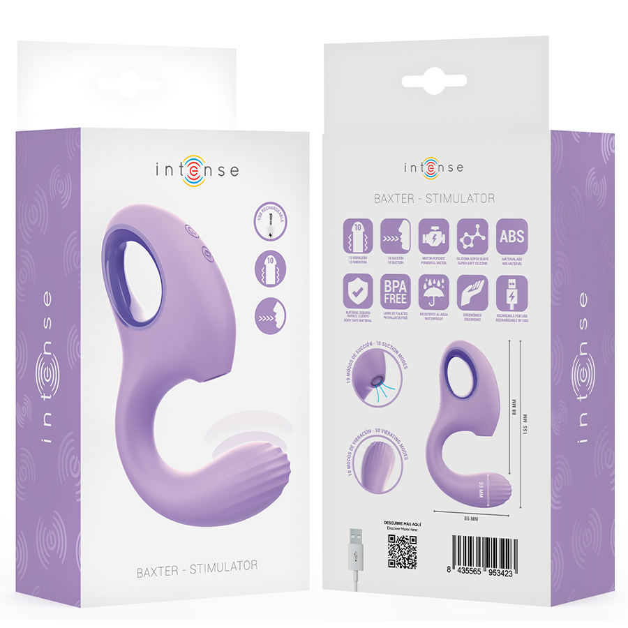Vibratore e stimolatore Baxter Viola di INTENSE FUN, design elegante e colore viola, mostrato in primo piano.