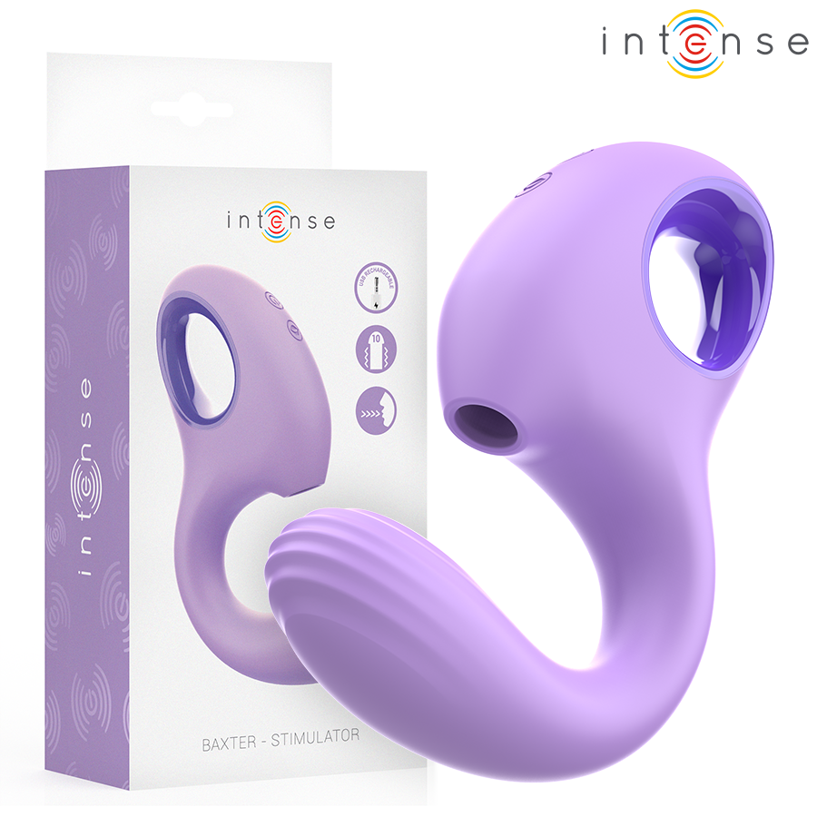 Vibratore e stimolatore Baxter Viola di INTENSE FUN, design elegante e colore viola, mostrato in primo piano.