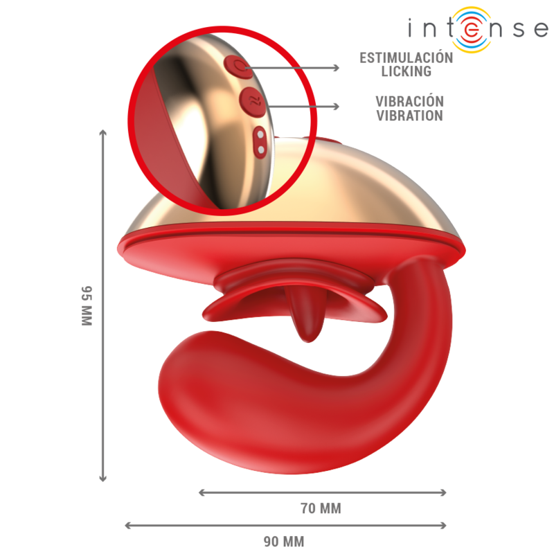 Vibratore e stimolatore Mariah a forma di U di colore rosso, con 10 vibrazioni, marca INTENSE FUN, immagine dettagliata.