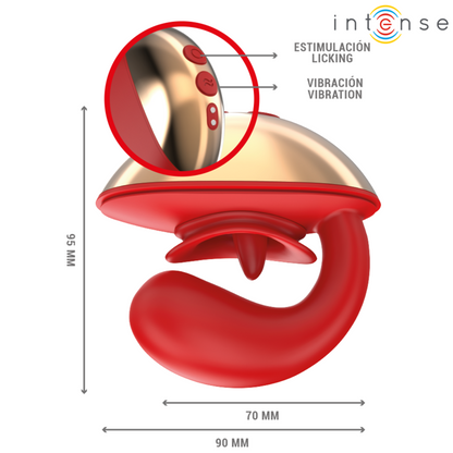 Vibratore e stimolatore Mariah a forma di U di colore rosso, con 10 vibrazioni, marca INTENSE FUN, immagine dettagliata.