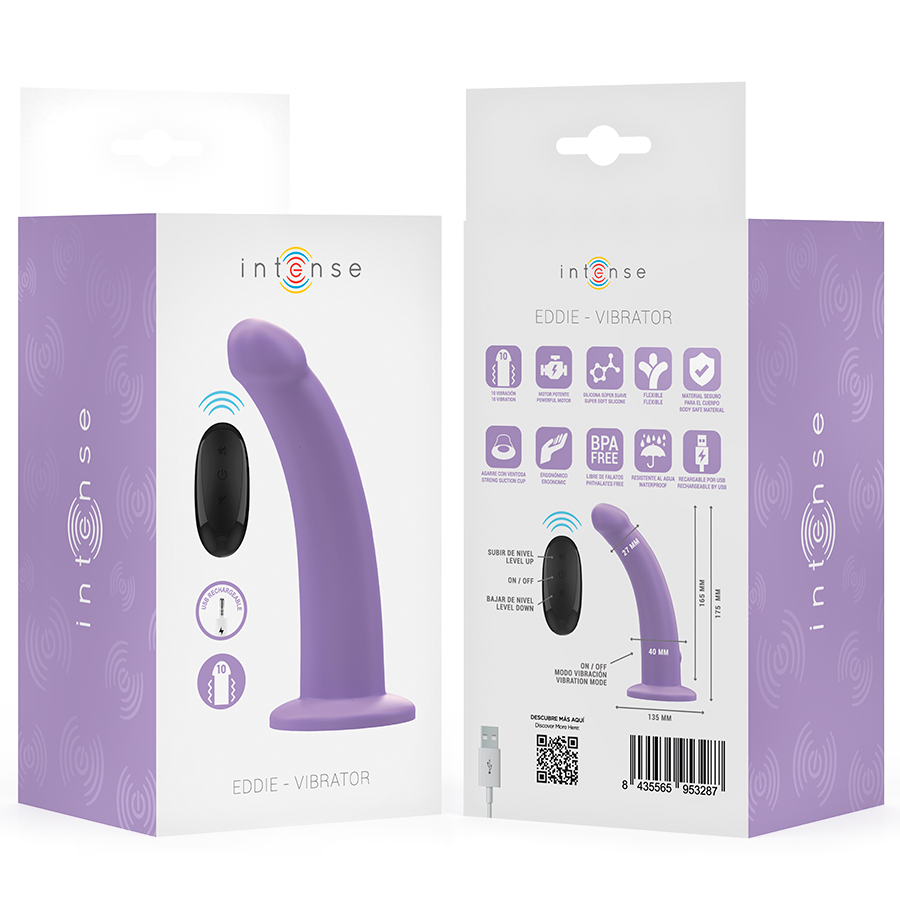 Vibratore Eddie viola INTENSE FUN, 17,5 cm, con 10 vibrazioni e telecomando, design ergonomico e dettagliate funzioni.