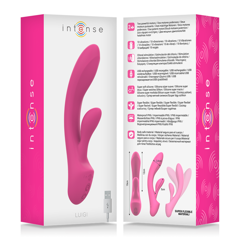 Vibratore Luigi Rabbit in silicone liquido rosa di INTENSE FUN, con design ergonomico e dettagli realistici.