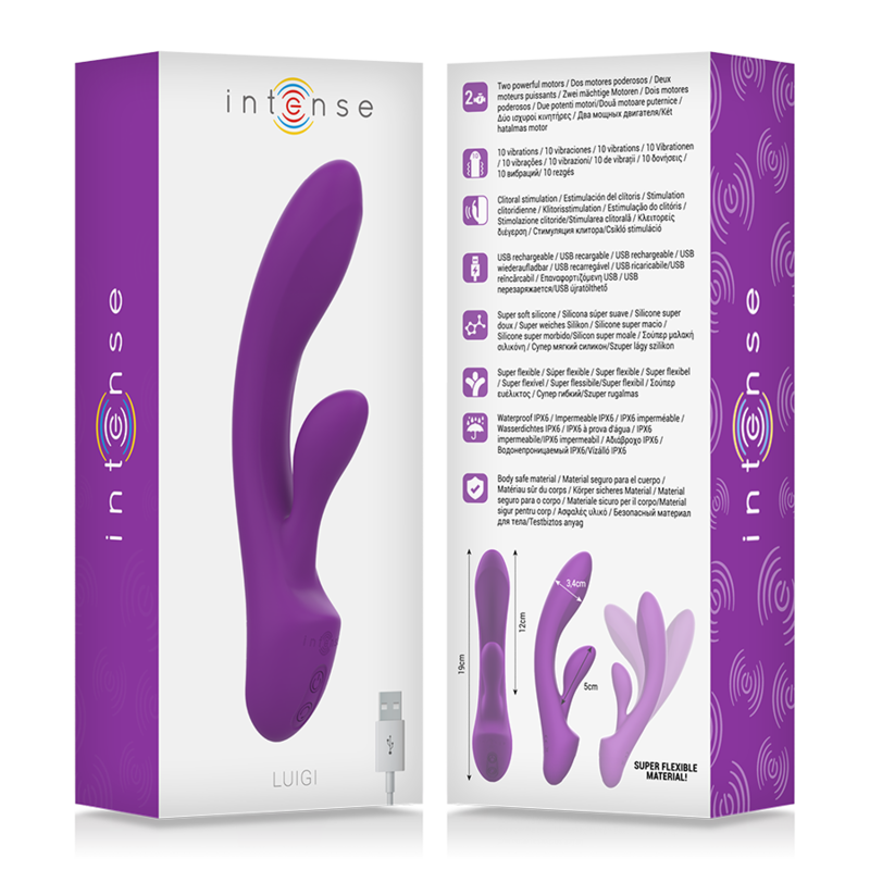 Vibratore Luigi Rabbit in silicone liquido viola di INTENSE FUN, design ergonomico e dettagli realistici per il piacere.