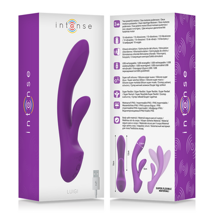 Vibratore Luigi Rabbit in silicone liquido viola di INTENSE FUN, design ergonomico e dettagli realistici per il piacere.
