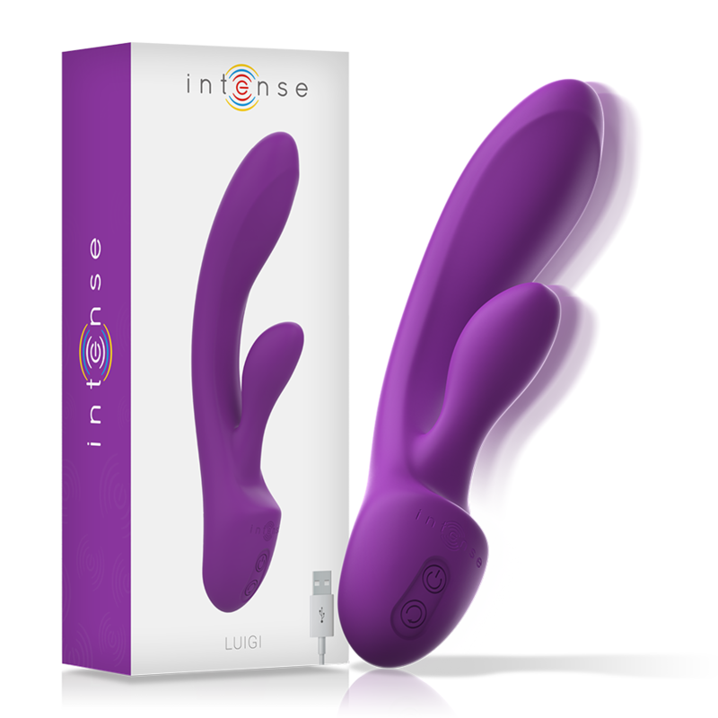 Vibratore Luigi rabbit in silicone liquido viola di INTENSE FUN, design ergonomico e dettagli realistici per piacere.