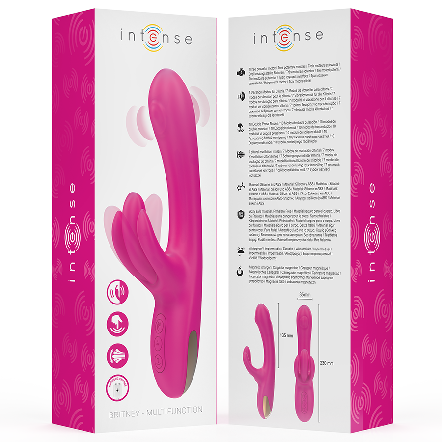 Vibratore multifunzione coniglio Britney INTENSE FUN, 23 cm, colore rosa, con dettagli realistici e funzioni variabili.