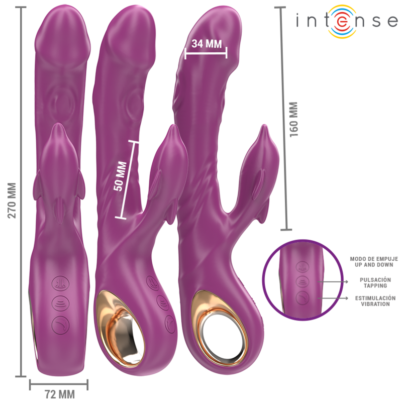 Vibratore multifunzione INTENSE FUN Halle con linguetta stimolante a delfino viola, design ergonomico e dettagli colorati