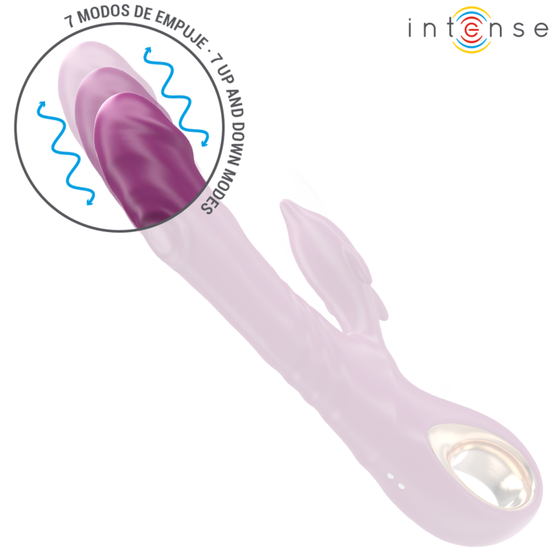 Vibratore multifunzione INTENSE FUN Halle con lingua stimolante a delfino viola, design ergonomico e dettagli colorati.