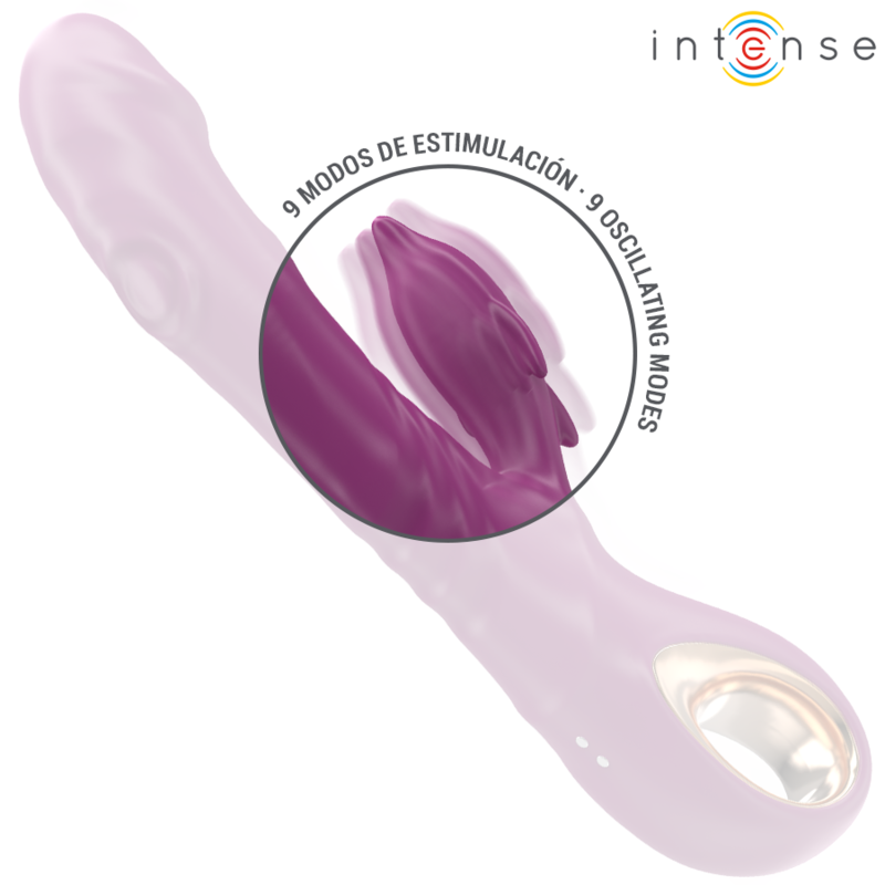 Vibratore multifunzione INTENSE Halle con lingua stimolante a delfino, colore viola, design ergonomico e dettagli realistici.