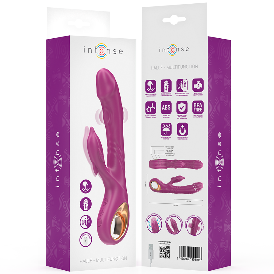 Vibratore multifunzione INTENSE Halle con lingua stimolante a delfino viola, design ergonomico e dettagli realistici.