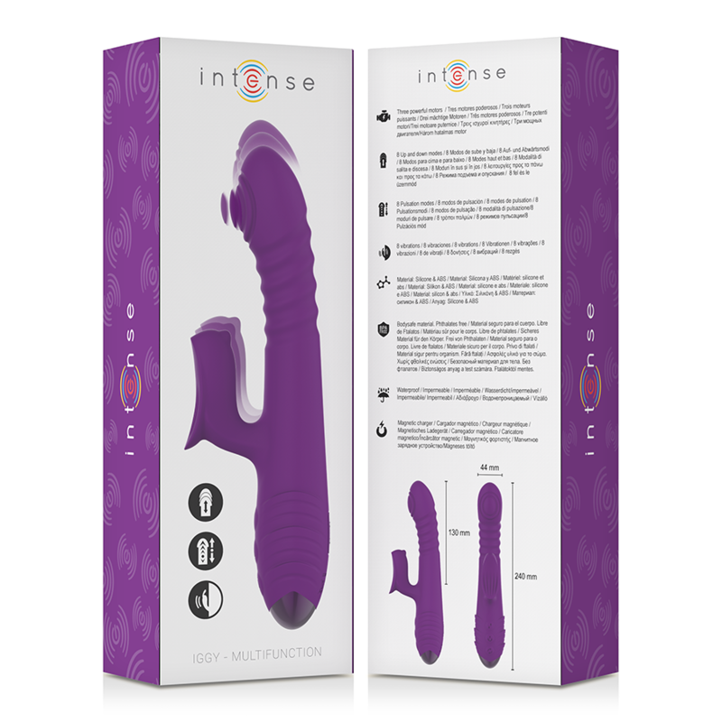 Vibratore multifunzione ricaricabile INTENSE Iggy Up & Down con stimolatore clitorale viola, design elegante e funzionalità avanzate.