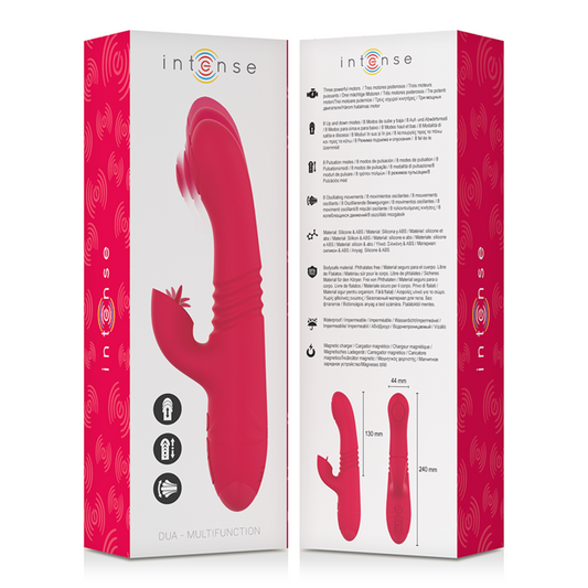 Vibratore multifunzione ricaricabile INTENSE FUN Up & Down DUA con lingua rossa, design ergonomico e dettagli colorati.