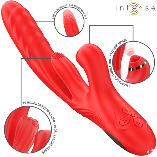 Vibratore multifunzione Rosalia 3 in 1 di INTENSE FUN, design rosso, mostrato in primo piano.