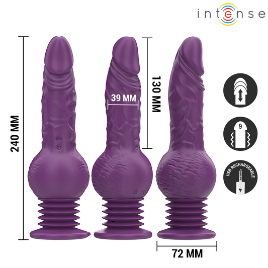 Vibratore multifunzione Tatum di INTENSE FUN, 24 cm, viola, con vibrazioni su e giù e design ergonomico.