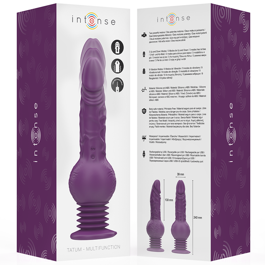 Vibratore multifunzione Tatum di INTENSE FUN, lungo 24 cm, con vibrazione su e giù, di colore viola, in materiale morbido e realistico.