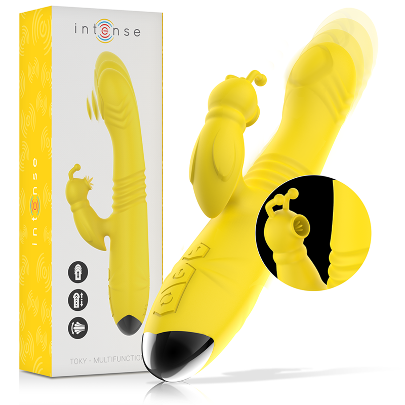 Vibratore multifunzione INTENSE Tokyo Up & Down con stimolatore clitorale giallo, design elegante e funzionalità multiple.