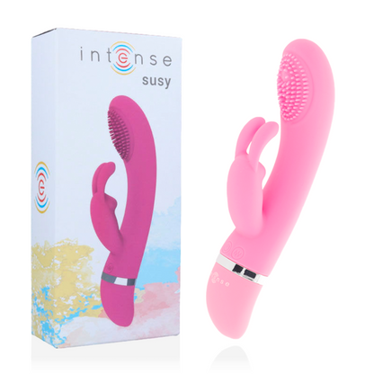 Vibratore oscillante INTENSE FUN in silicone rosa con forma a coniglio, design ergonomico e dettagli realistici.