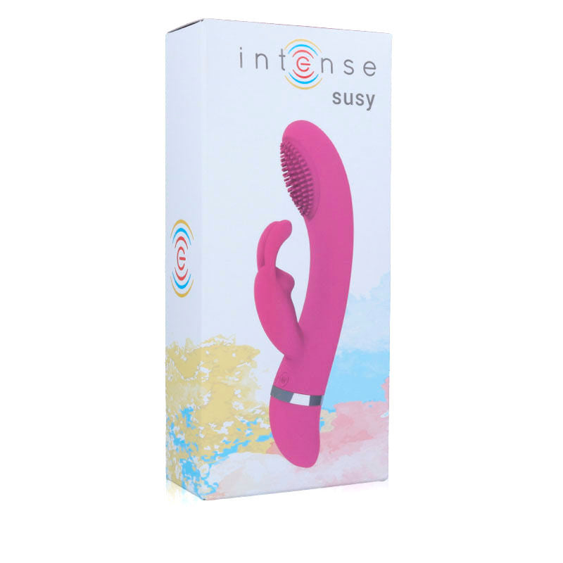 Vibratore oscillante in silicone rosa con forma di coniglio, brand INTENSE FUN, design ergonomico e stimolante.