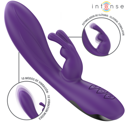 Vibratore Randall Rabbit viola con 10 vibrazioni, prodotto INTENSE FUN, dettaglio del vibratore con stimolazione doppia