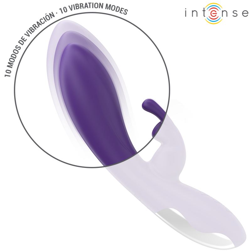 Vibratore Randall Rabbit viola con 10 vibrazioni, prodotto da INTENSE FUN, mostrato con dettagli e forma del design.