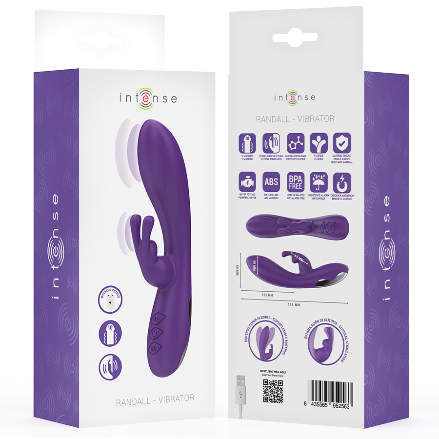 Vibratore Randall Rabbit viola con 10 modalità di vibrazione, prodotto da INTENSE FUN, immagine del dispositivo.