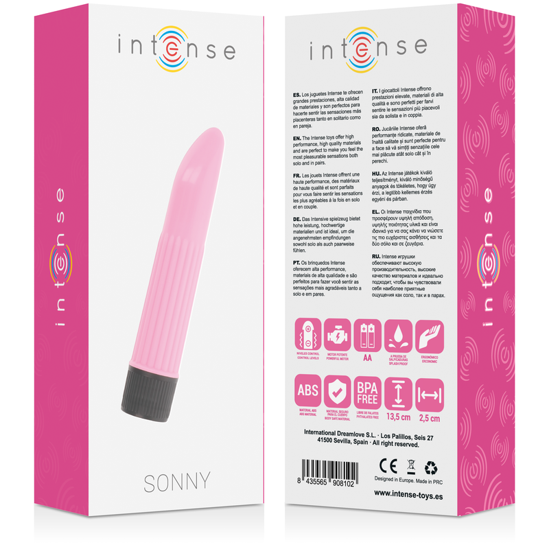 Vibratore rosa INTENSE Sonny di INTENSE FUN, con forma ergonomica e superficie liscia, in primo piano su sfondo neutro.