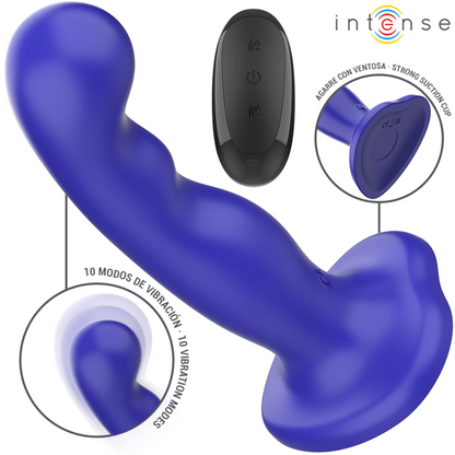 Vibratore Shorty blu con ventosa e telecomando, marca INTENSE FUN, ideale per stimolazione e giochi intimi.
