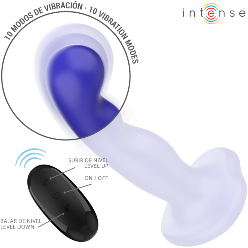 Vibratore Shorty INTENSE FUN con ventosa e telecomando blu, design compatto e versatile per piacere e stimolazione.