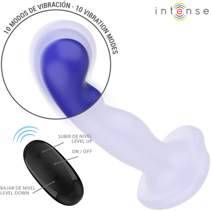 Vibratore Shorty INTENSE FUN con ventosa e telecomando blu, design compatto e versatile per piacere e stimolazione.