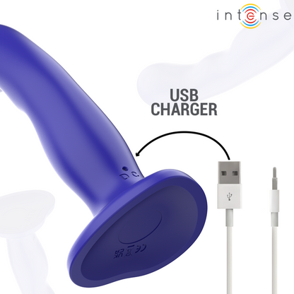 Vibratore INTENSE Shorty con ventosa e telecomando blu, design compatto e versatile, ideale per stimolazione personale.