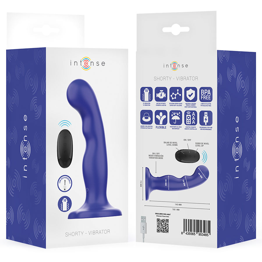 Vibratore Shorty INTENSE FUN con ventosa e telecomando blu, design compatto e versatile per piacere e stimolazione.