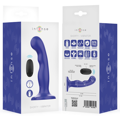 Vibratore Shorty INTENSE FUN con ventosa e telecomando blu, design compatto e versatile per piacere e stimolazione.