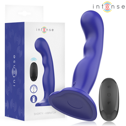 Vibratore Shorty con ventosa e telecomando blu di INTENSE FUN, dispositivo di stimolazione erotica compatto e ricaricabile.
