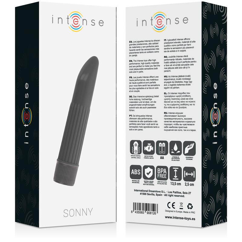 Vibratore Sonny Black INTENSE FUN, silicone nero, con forma ergonomica e superficie liscia, ideale per stimolazione personale.