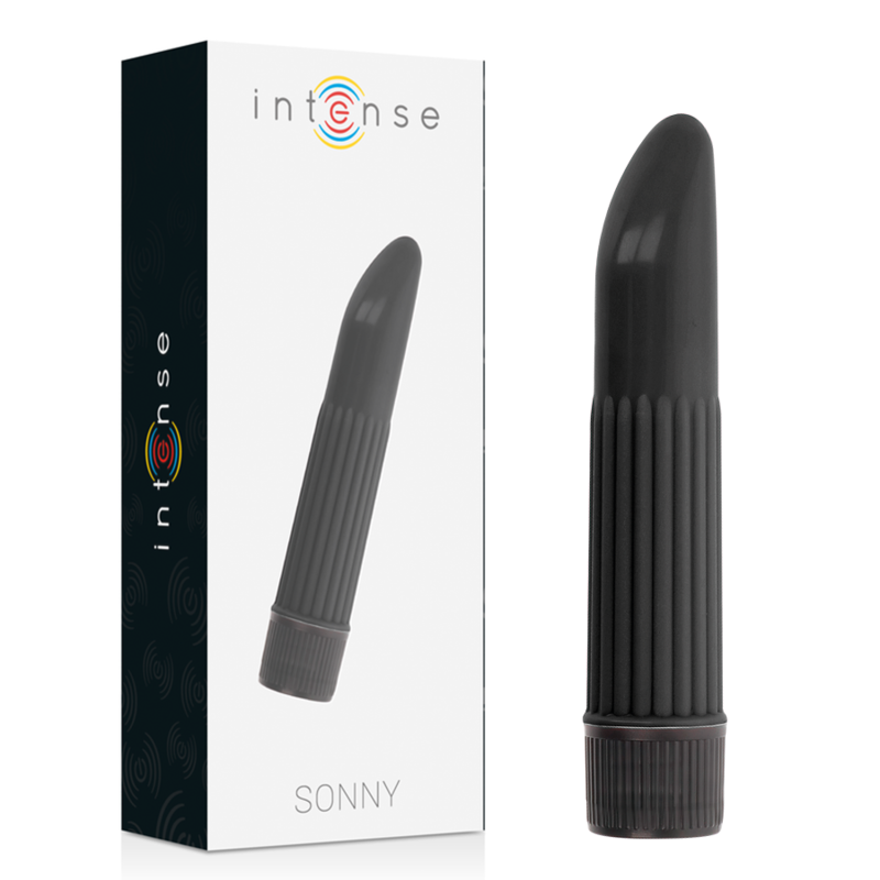 Vibratore Sonny Black INTENSE FUN, design elegante in silicone nero, con superficie liscia e forma ergonomica per piacere.