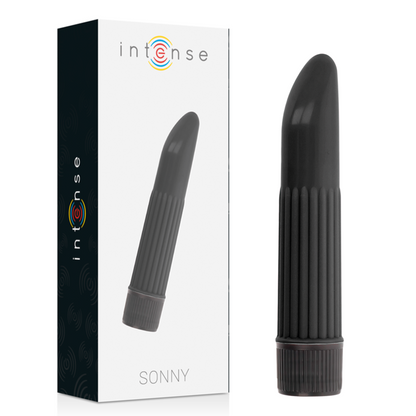 Vibratore Sonny Black INTENSE FUN, design elegante in silicone nero, con superficie liscia e forma ergonomica per piacere.