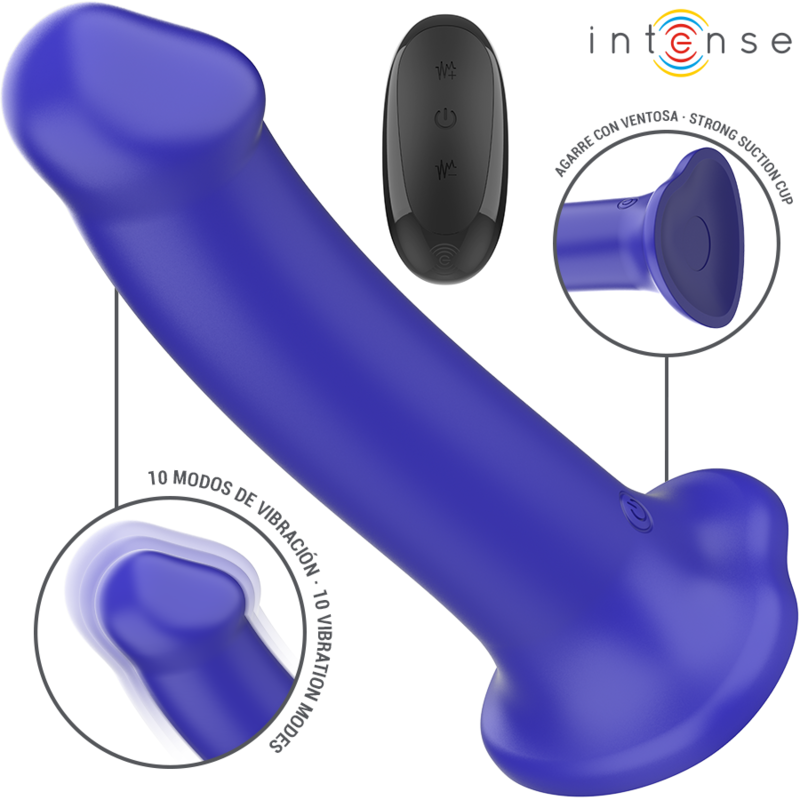 Vibratore Victoria INTENSE Fun con ventosa, 10 vibrazioni, blu scuro, telecomando, ideale per piacere e stimolazione.