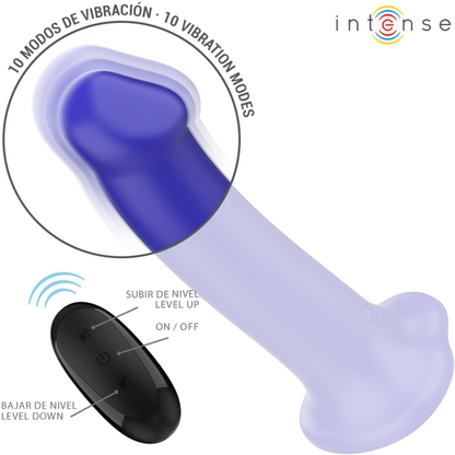 Vibratore Victoria con ventosa e telecomando, 10 vibrazioni, colore blu scuro, marca INTENSE FUN, utilizzo versatile.