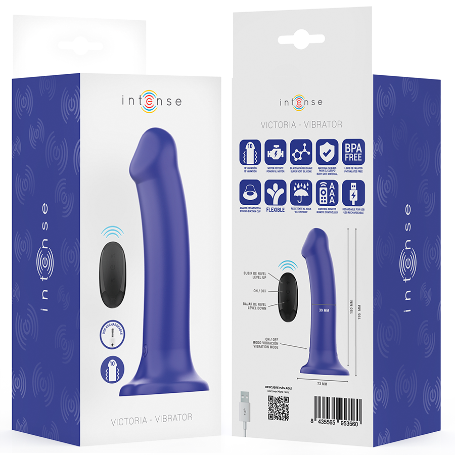 Vibratore Victoria con ventosa blu scuro e telecomando, 10 modalità di vibrazione, prodotto di INTENSE FUN.