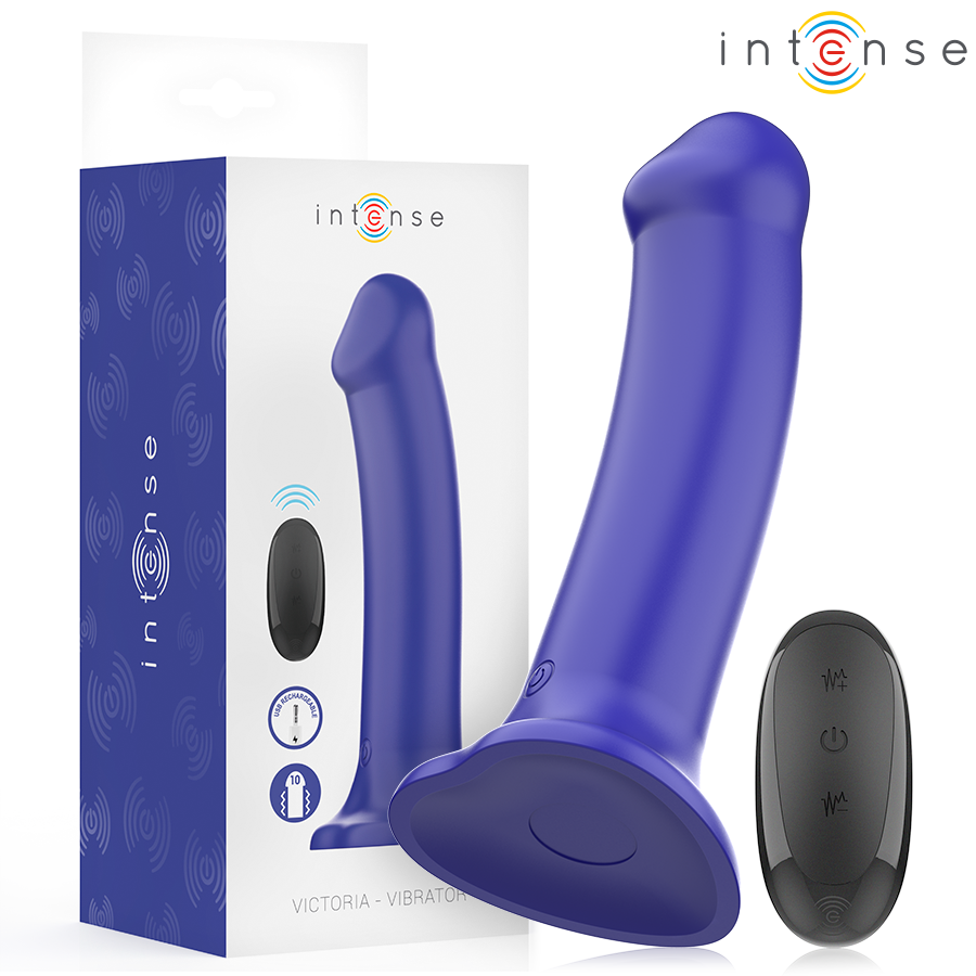 Vibratore Victoria con ventosa blu scuro e telecomando, 10 vibrazioni, prodotto INTENSE FUN, ideale per stimolazione.