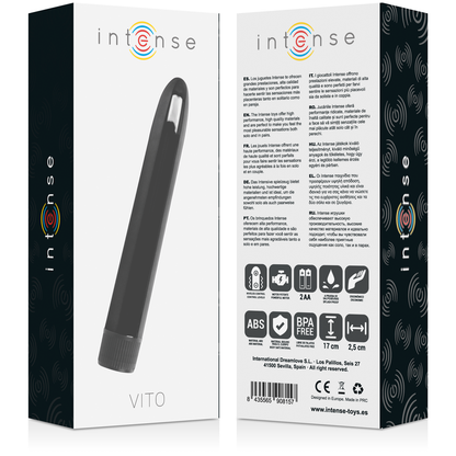 Vibratore nero INTENSE VITO, prodotto per il piacere intimo, con design ergonomico e superficie liscia.