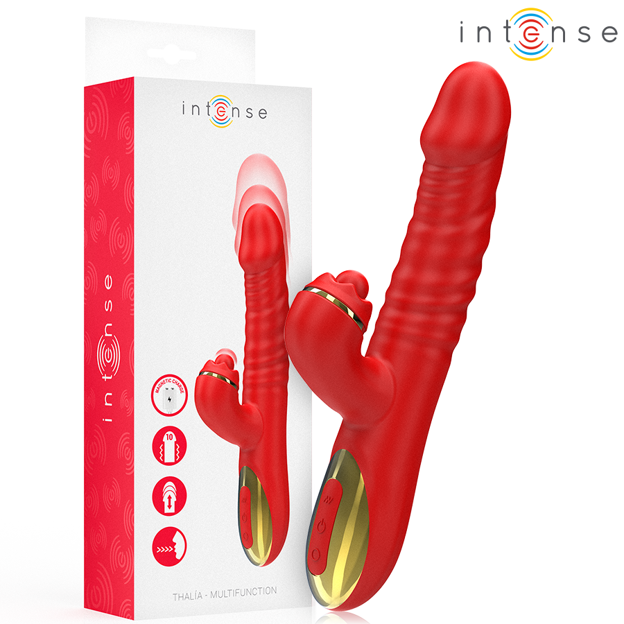 Vibrazione Thalia e spinta rosso Tapping di INTENSE FUN, dispositivo di piacere con design elegante e dettagli colorati.