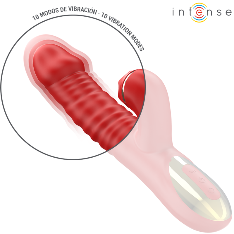 Vibrazione Thalia e spinta rosso Tapping di INTENSE FUN, dispositivo di stimolazione con design ergonomico e dettagli rossi.